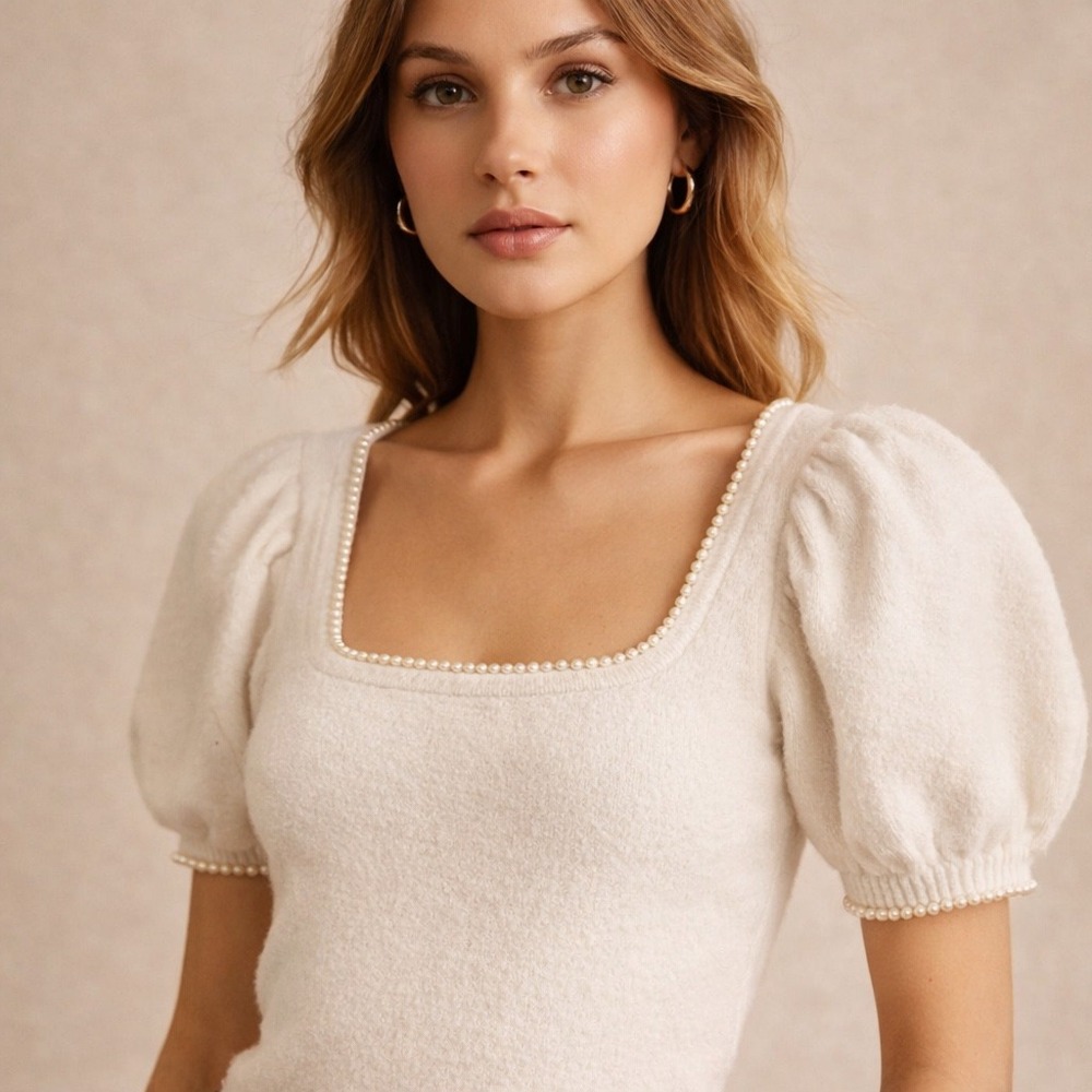 ASTR Puff Sleeve Knit Top Pearl Trim Square Neck Ivory Soft Romantic XS Chic